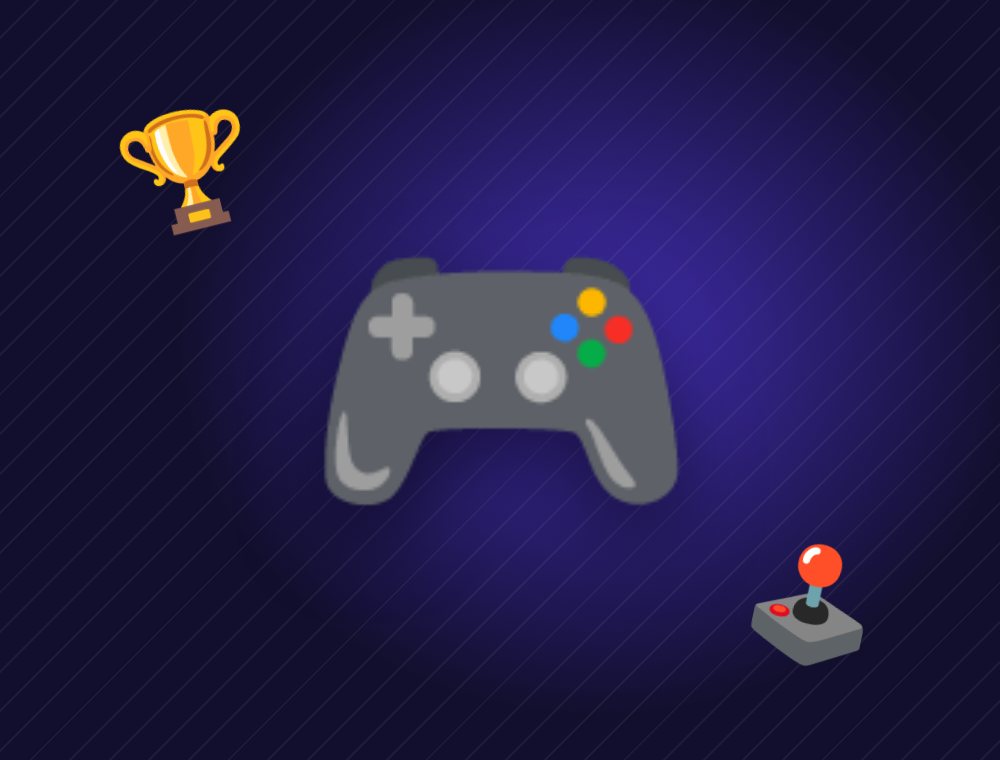 Illustration of a game controller, trophy and joystick